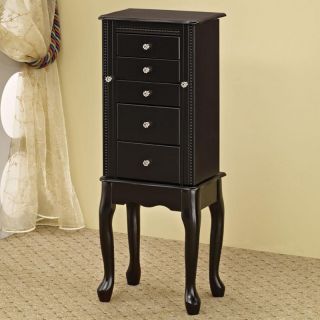 Transitional Queen Anne Style 5 Drawers Black Jewelry Armoire w Flip Top Mirror