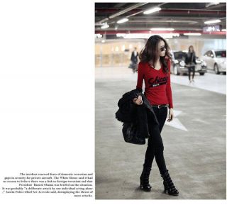 Womens Korea Fashion V Neck Chicago Letter Print Long Sleeve T Shirt Red E737