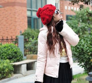 New Fashion Women Braided Baggy Knit Beret Crochet Beanie Ball Wool Ski Hat Cap