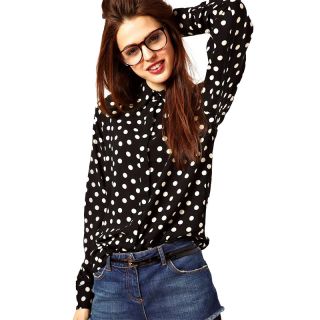 New Women Shirt Polka Dots Chiffon Vintage Blouse Long Sleeve Button Down Tops