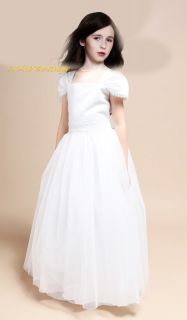 Girl First Communion Cap Sleeved Satin Beaded Tulle White Dress Sz 2 16