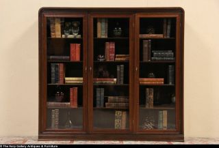 Triple Oak 1915 Antique Bookcase Wavy Glass Doors Adjustable Shelves