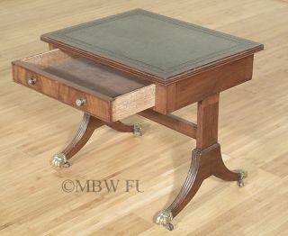 Antique English Solid Oak Sheraton Coffee Table w Leather Top Drawer C1950