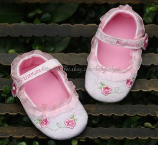 Baby Girl Pink Lace Trim Mary Jane Floral Embroidered Shoes Newborn to 12 Mons
