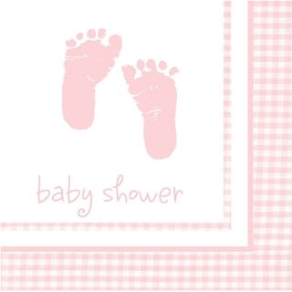 Pink Baby Girl Footprints Plaid Luncheon Napkins Baby Shower Party Supplies