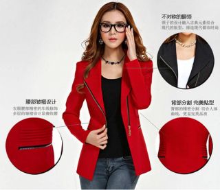 Women Long Sleeve Blazer Coat Zipper Polo Neck Solid Slim Casual Suit Jacket 109