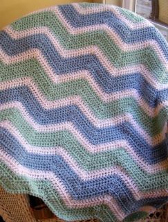 Chevron Ripple Crochet Baby Blanket Afghan Wrap Shawl Handmade Caron Blue Mint