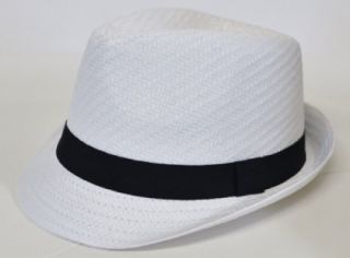 FD139 s M Mens Woven Straw Summer Fedora Trilby Sun Hat Feather Band Black White