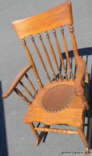 Antique Solid Oak Rocking Chair Turned Splindles Embossed Seat Birds Flowers