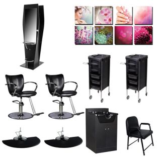 2 Salon Styling Station Chair Mat Trolley Shampoo Bowl Cabinet Package EB 77