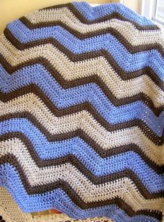 Baby Blanket Afghan Wrap Chevron Ripple Handmade Crochet Vanna Yarn Blue Brown