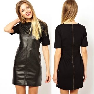 Womens European Fashion Crewneck PU Leather Back Zipper Mini Dress B4062MS