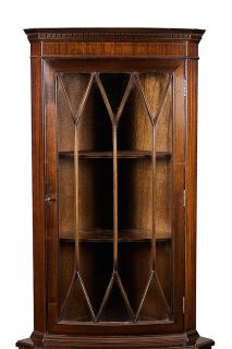 Antique English Flame Mahogany Corner Cabinet w ASTRAGAL Glass