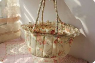 Rose Crochet Lace Frill Braided Handle Cotton Quilted Round Storage Basket H