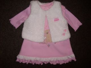 Baby Girls Pink 3 Piece Pinafore Dress Top Fur Bodywarmer Set Outfit 0 3 Mths