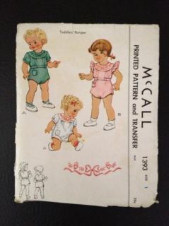 1948 Vintage Toddler's Romper McCall Sewing Pattern Transfer 1393 Sz 1