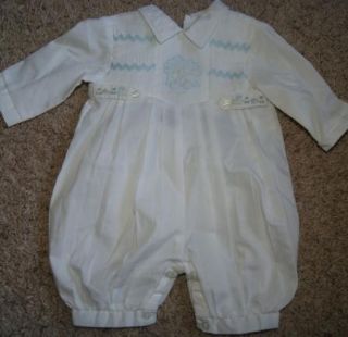 Sarah Louise New Baby Boys Preemie White Blue Smocked Train Romper Outfit