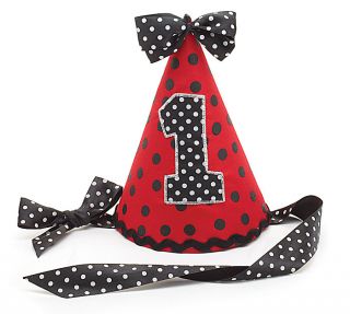 Ladybug 1st Birthday Party Hat 1 Red Black Polka Dot Fabric Ribbon Tie 7" Tall