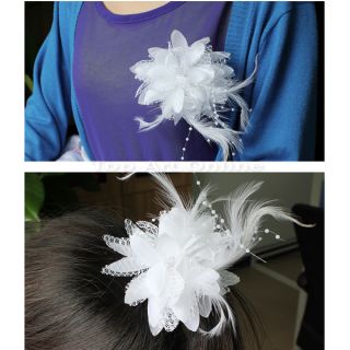 Lady Feather Flower Brooch Pin Bridal Cocktail Party Hair Holder Clip Headdress