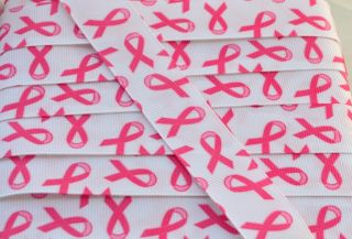 7 8" inch Pink Breast Cancer Awareness Ribbon on White Grosgrain by The Yard
