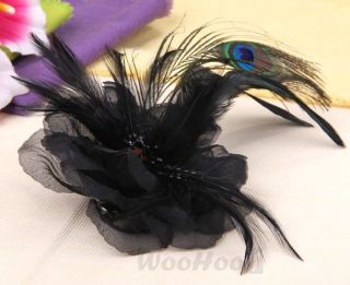 Black Flower Peacock Feather Organza Corsage Brooch Hair Clip Pin Cocktail Party