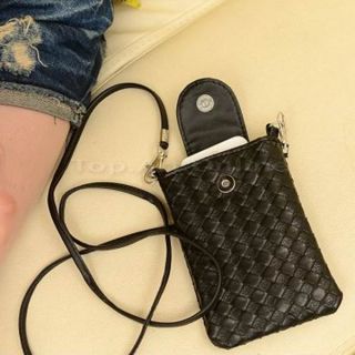 Black Lady Wallet Woven Coin Cell Phone Case Mobile Pouch Mini Shoulder Bag Hot