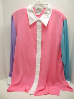Linea by Louis Dell'Olio Silk Blouse Pink White Aqua Purple Size Large New