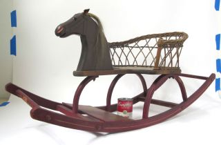 Antique Child's Rocking Horse Chair Shoofly Wicker Chair Real Hair Iron Eyes Yqz