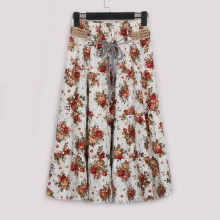 Ladies Boho Floral Printed Pleated Skirt Knee Length Elastic Waist Linen Skirt