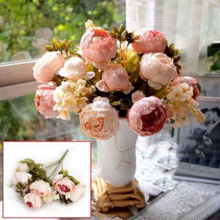 1 Bouquet Light Pink Artificial Silk Fake Peony Flower Leaf Wedding Floral Decor
