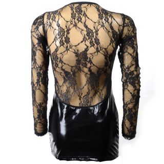 Sexy Back Floral Lace Immitation Leather Bodice Dress Party Club Fetish Wear M