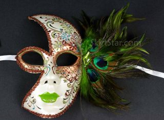Venetian Full Face Mask Masquerade White Green Peacock Feathers New Years Prom