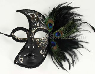 Venetian Full Face Mask Masquerade Black Glitter Peacock Feathers New Years Prom