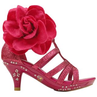 Girls Evening High Heel Dress Sandals w Strappy Glitter Fabric Flower Fuchsia