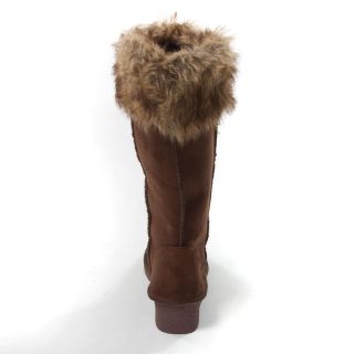 New Brown Faux Fur Suede Round Toe Mid Calf Knee High Low Wedge Heel Boot 9