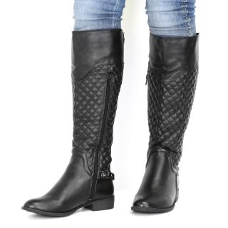 Riding Boots Womens Knee High Black Quilted Chain Flat Low Heel Size 5 10