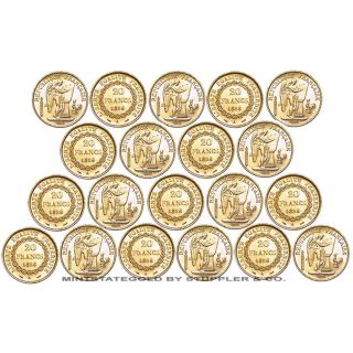 Lot of 20 Choice BU 20 Franc Gold French Angels 1876 1898 European Bullion Coins