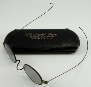 Antique Glasses Spectacles Metal Frames Wire Arms Oval Tinted Lenses w Case