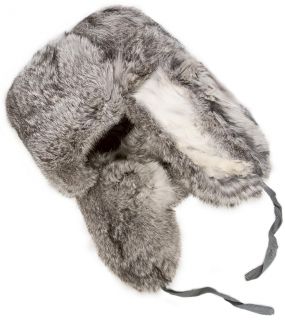 Rabbit Fur Russian Ushanka Winter Hat Gray Trapper Bomber Earflaps