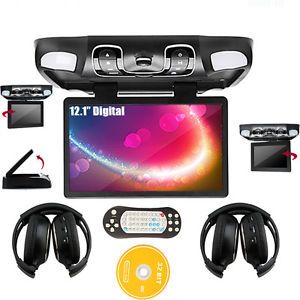 Black 12 1" HD LCD Car Overhead CD DVD Player TV IR FM Games Speaker Headphones
