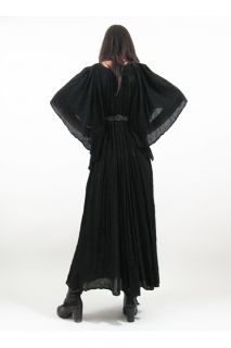 Vtg 60s 70s Gauze Angel Wing Slv Sheer Blk Witchy Gypsy Goth Pleats Maxi Dress