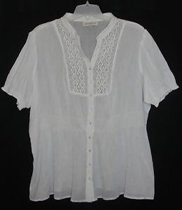 Jones New York Plus Size 2X White Cotton Gauze Top Crochet Lace Peasant Tunic EX