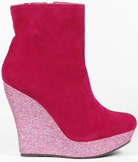 Velvet Glitter Platform Wedge Round Toe Fashion Ankle Bootie Boot Black Red Pink