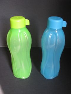 Tupperware Green Blue Water Bottles Set 2 Eco Tumblers 16 oz Screw Caps New