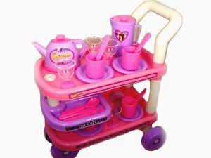 New 29pc Toy Deluxe Kitchen Tea Cart Push Kart Wheel Kid Girl Pretend Pink Set