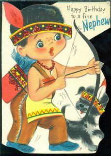 Vintage 1959 Hallmark Greeting Card Happy Birthday Nephew Indian Bow Arrow Puppy