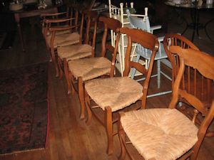 Set of 6 French Country Vintage Dining Chairs Natural Finish Rush Seats EX Cond