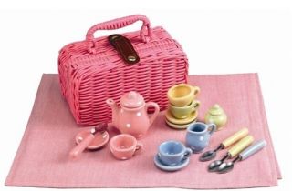 Childrens Tin Tea Set New WOW Picnic Basket Pink Dots Toddler Toy for Girls Boy