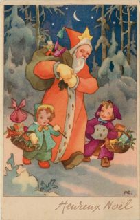 Artist Signed M B 1920s Christmas Santa Claus Toys Children Vintage Postcard