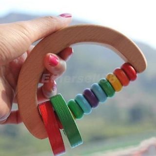 Wooden Half Round Ring Rattle Bell Cambered Handle Baby Toddler Toy Random Color